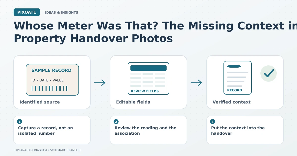 Explanatory diagram for property meter photos missing context, showing an identified source label, editable fields and a reviewed record.
