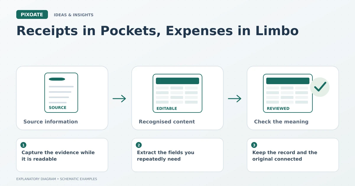 Explanatory diagram for receipt photos month end expenses, showing a source table, editable cells and a reviewed data record.