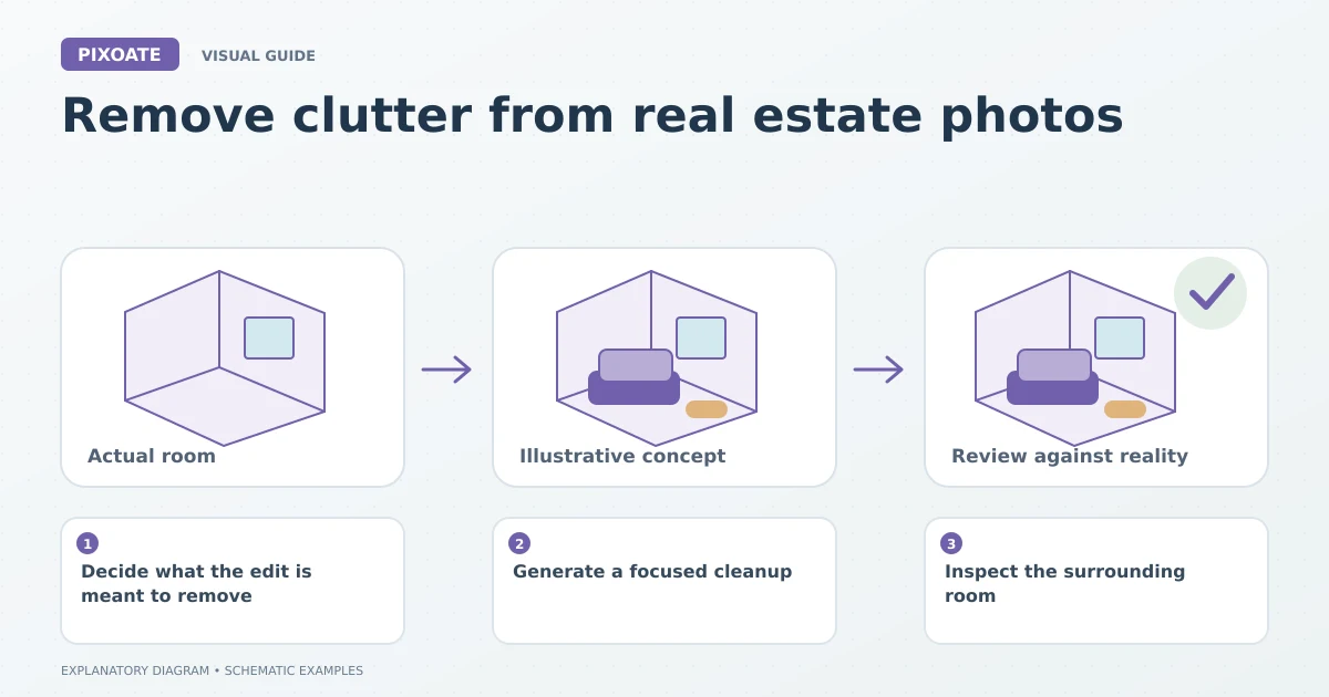 Explanatory diagram for remove clutter from real estate photos, showing schematic room layouts and furnishing symbols.