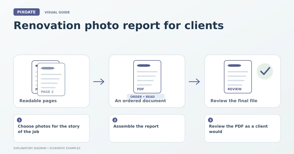 Explanatory diagram for renovation photo report for clients, showing image pages, an ordered PDF and a document review.