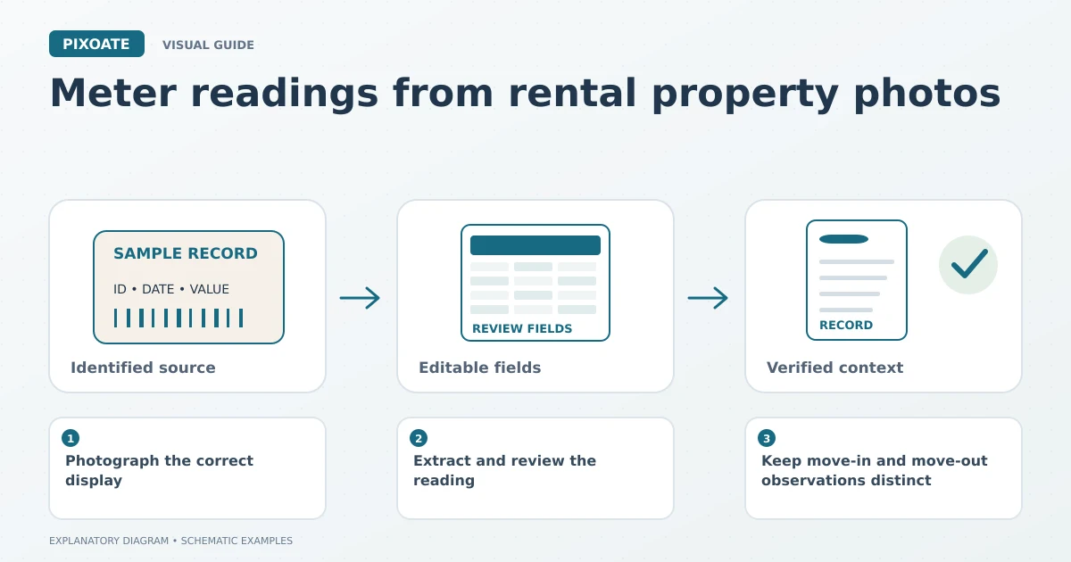 Explanatory diagram for meter readings from rental property photos, showing an identified source label, editable fields and a reviewed record.