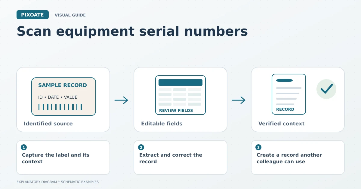 Explanatory diagram for scan equipment serial numbers, showing an identified source label, editable fields and a reviewed record.