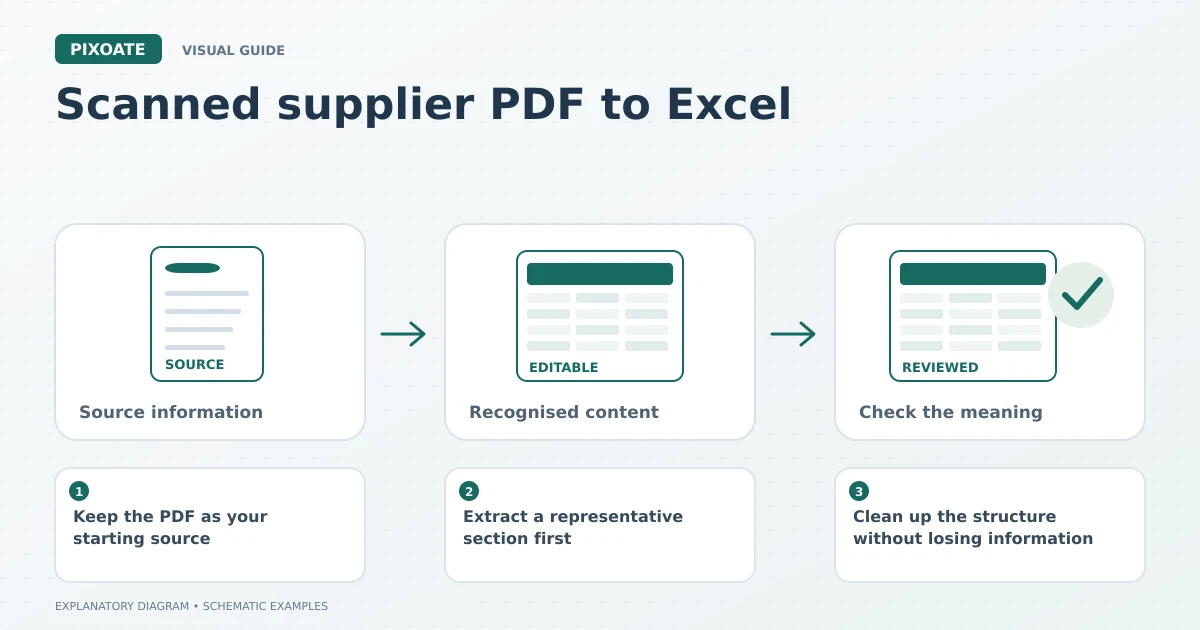 Explanatory diagram for scanned supplier PDF to Excel, showing a source table, editable cells and a reviewed data record.