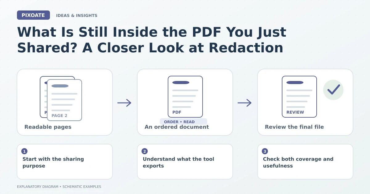 Explanatory diagram for PDF redaction hidden information, showing image pages, an ordered PDF and a document review.