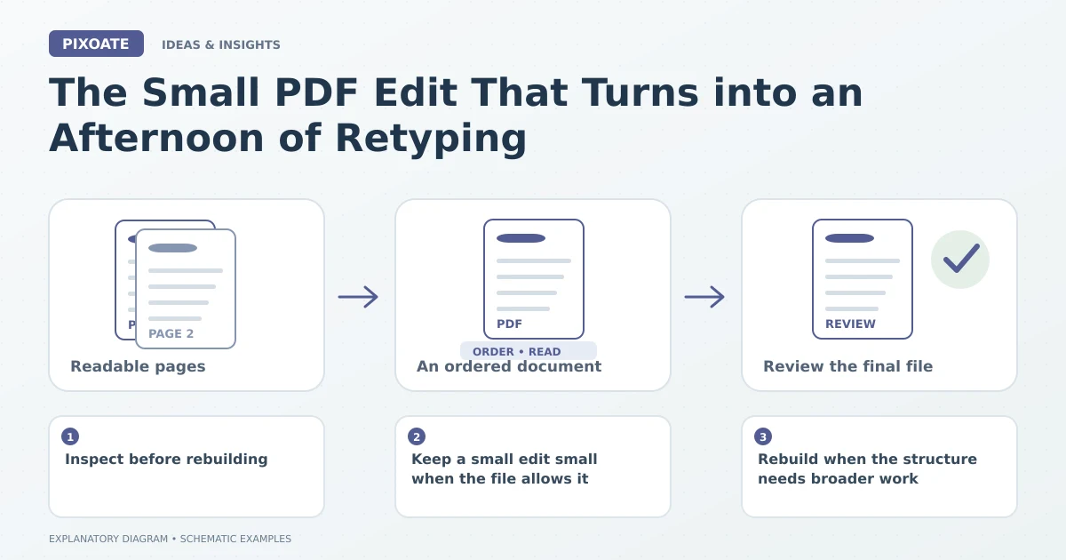 Explanatory diagram for small PDF edit retyping, showing image pages, an ordered PDF and a document review.