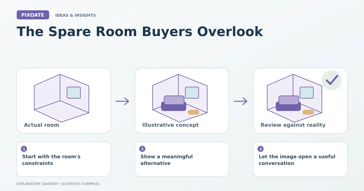 Explanatory diagram for virtual staging spare room, showing schematic room layouts and furnishing symbols.