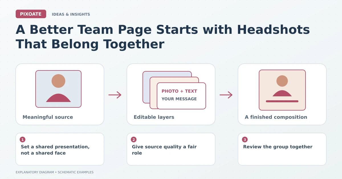 Explanatory diagram for consistent team page headshots, showing editable image, text and graphic layers.