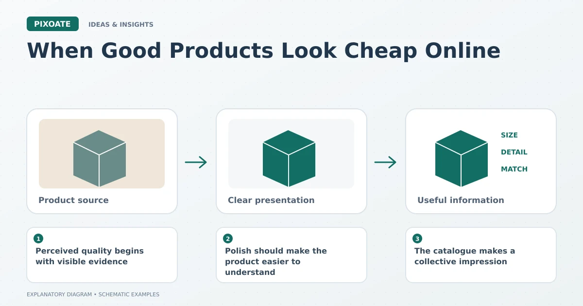 Explanatory diagram for unpolished Shopify product photos, showing product-image frames and a review sequence.