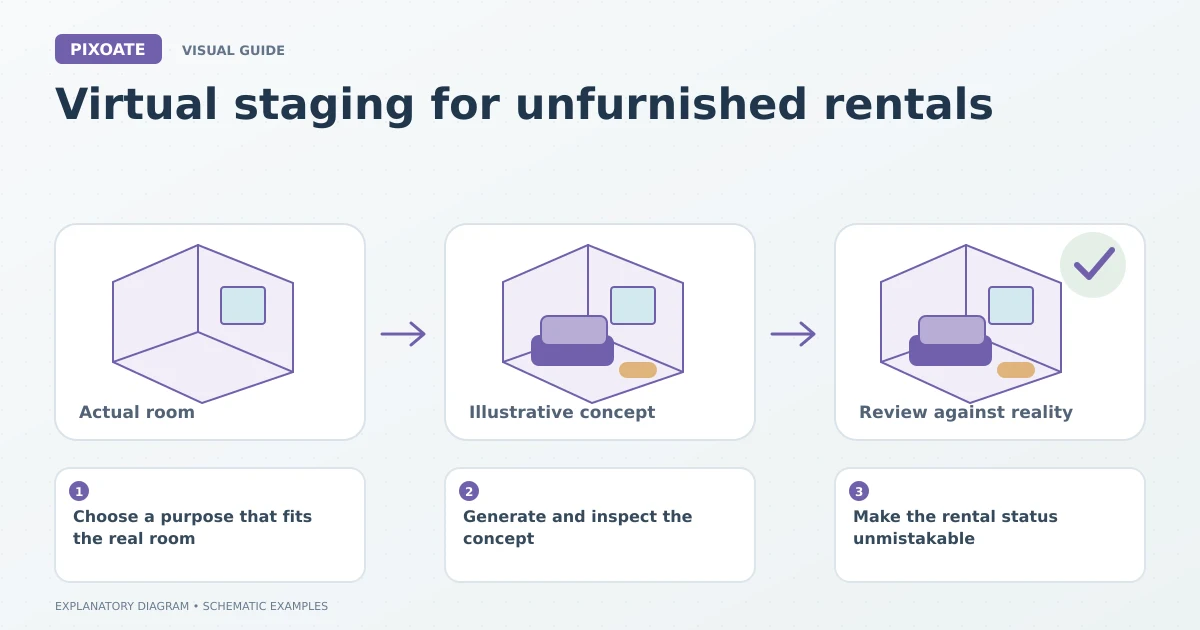 Explanatory diagram for virtual staging for unfurnished rentals, showing schematic room layouts and furnishing symbols.