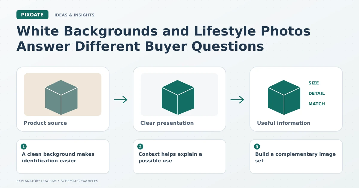 Explanatory diagram for white background vs lifestyle product photos, showing product-image frames and a review sequence.