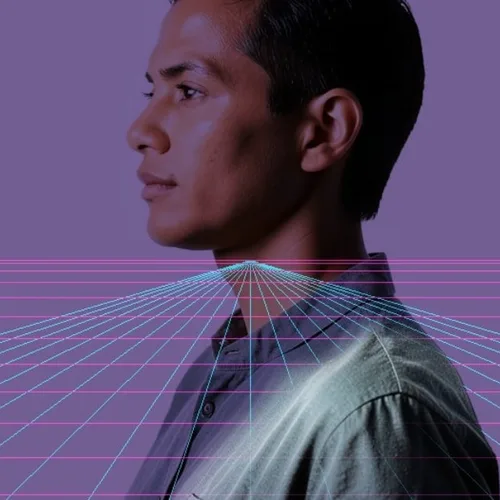 Ritratto con griglia synthwave applied to the same source image
