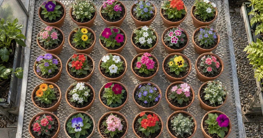 Count flower pots on a nursery bench from a photo — count flower pots in a row from a photo with marked results