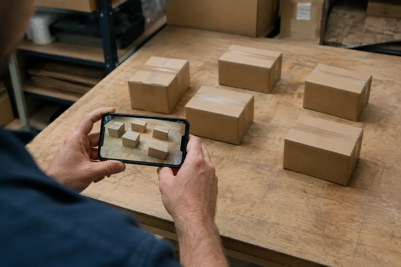 A worker frames separated shipping cartons with a phone camera for counting