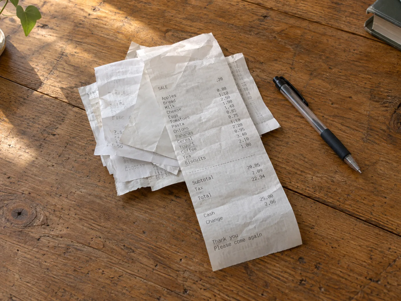 Receipt to Excel — Review Purchase Line Items — convert receipt photos to an Excel expense spreadsheet — Before