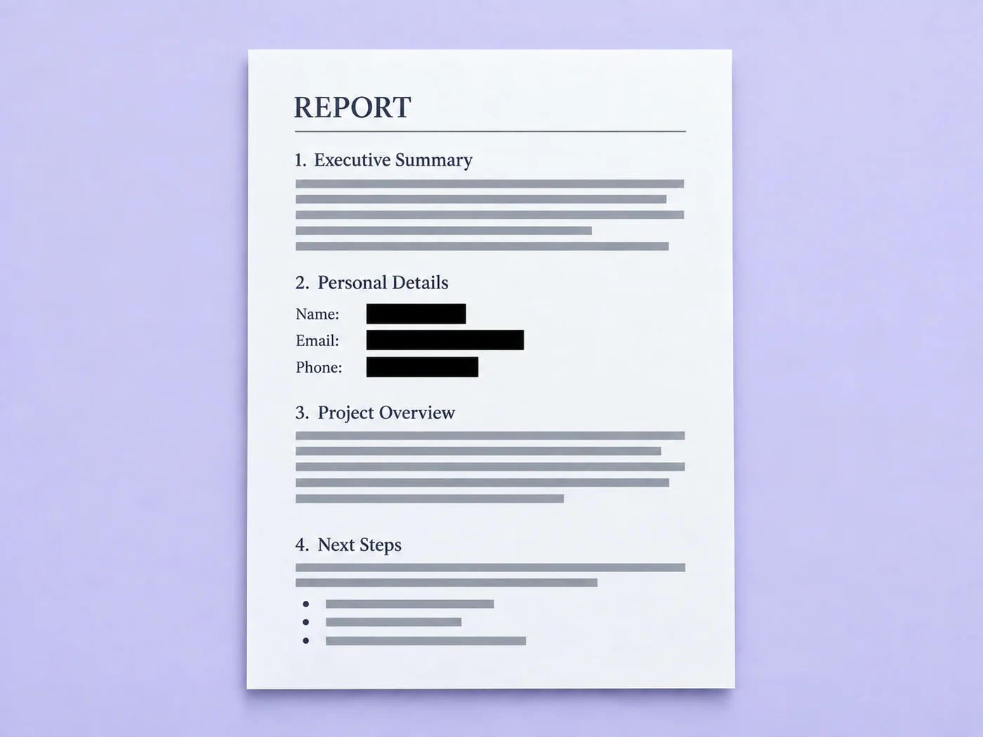 Illustration: The same report with name, email and phone values covered by opaque redactions.