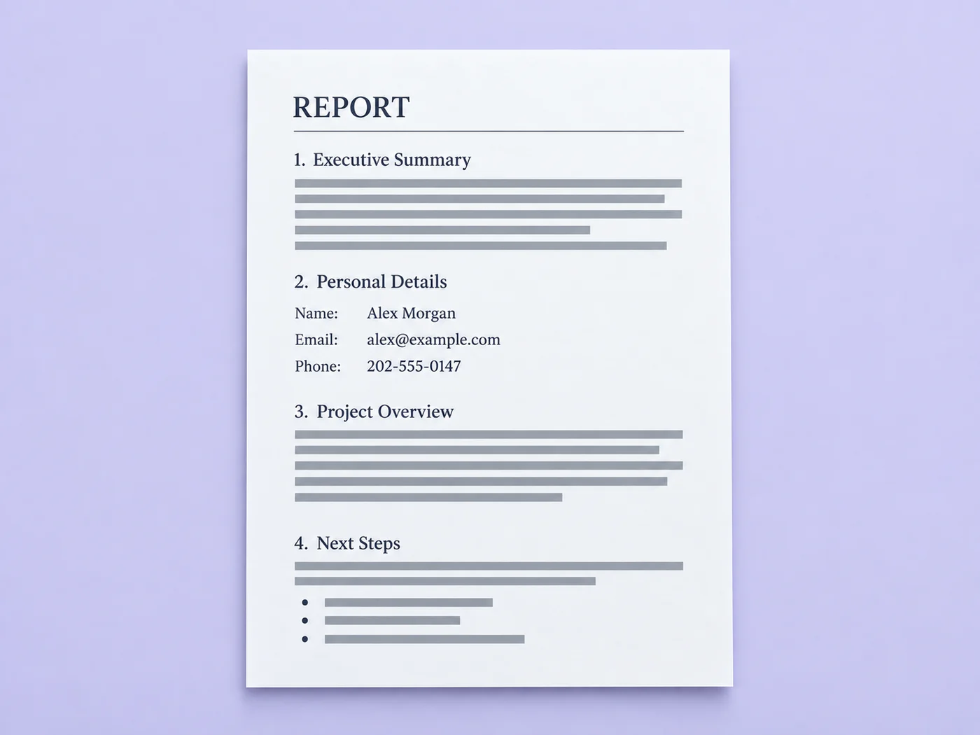 Sample report with fictional personal details visible