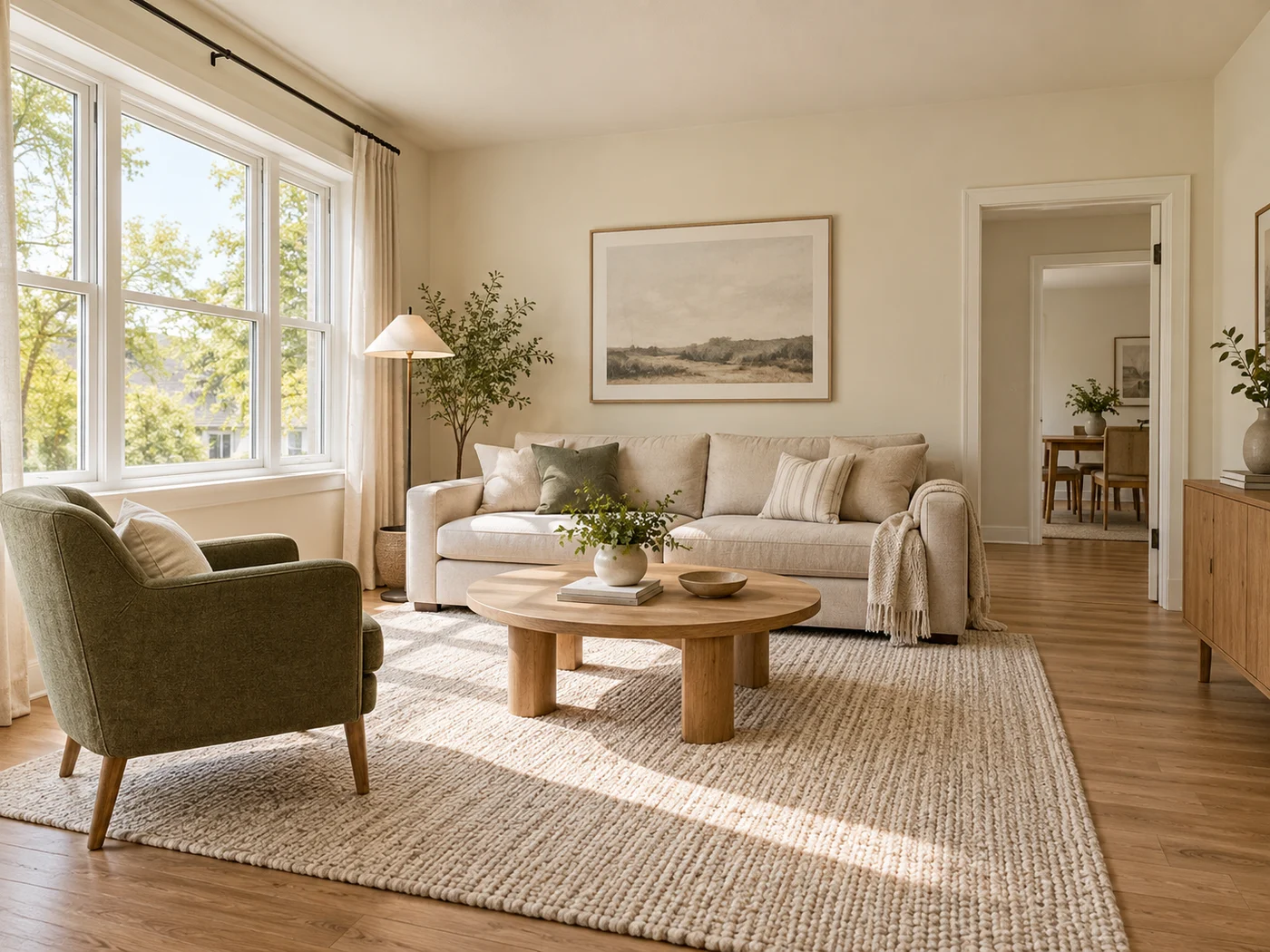 Illustrative room staging concept with a neutral sofa, oak table and naturally lit living space.