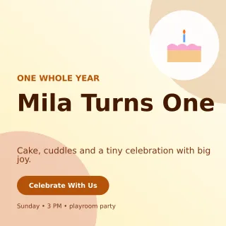 Aurora First Birthday Square Post — editable white family announcement template, instagram post