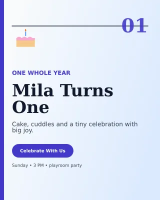 Editorial First Birthday Portrait Post — editable white family announcement template, instagram portrait