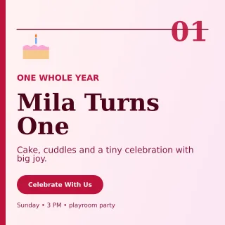 Editorial First Birthday Square Post — editable white family announcement template, instagram post