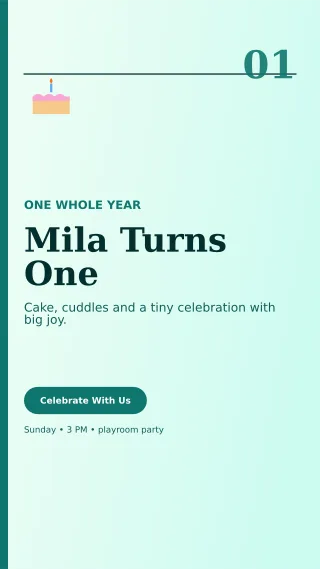 Editorial First Birthday Story — editable white family announcement template, story / reel