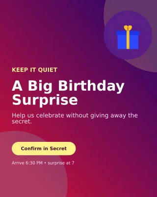 Aurora Surprise Party Portrait Post — editable purple celebration template, instagram portrait