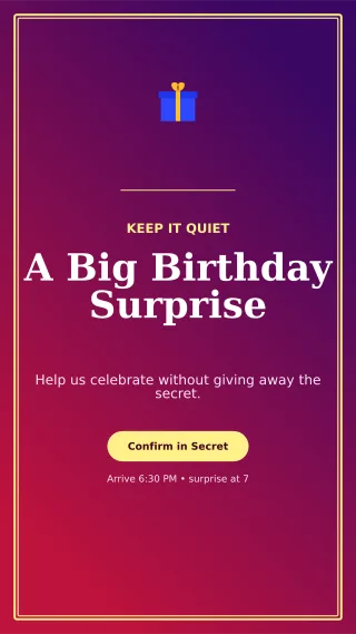 Luxe Surprise Party Story — editable purple celebration template, story / reel