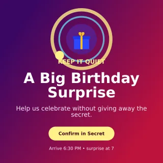 Orbit Surprise Party Square Post — editable purple celebration template, instagram post