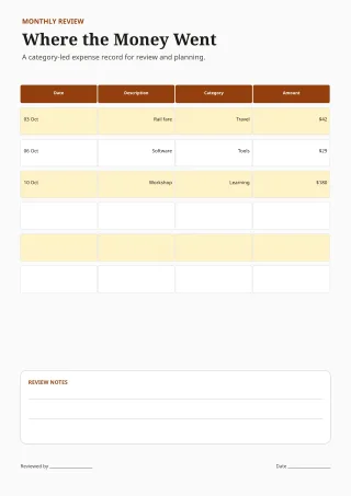 Expense Tracker — Editorial Amber — editable white budget and tracker template, a4 print