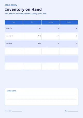 Inventory Tracker — Bold Indigo — editable white budget and tracker template, a4 print