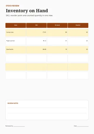 Inventory Tracker — Editorial Amber — editable white budget and tracker template, a4 print