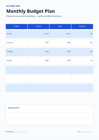 Monthly Budget — Clear Blue — editable white budget and tracker template, a4 print