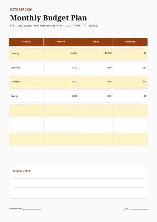 Monthly Budget — Editorial Amber — editable white budget and tracker template, a4 print