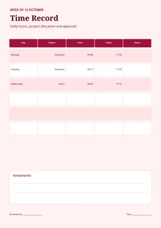 Weekly Timesheet — Burgundy Studio — editable white budget and tracker template, a4 print