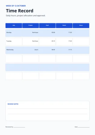Weekly Timesheet — Clear Blue — editable white budget and tracker template, a4 print