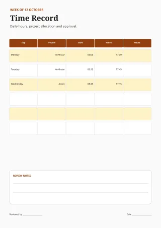 Weekly Timesheet — Editorial Amber — editable white budget and tracker template, a4 print