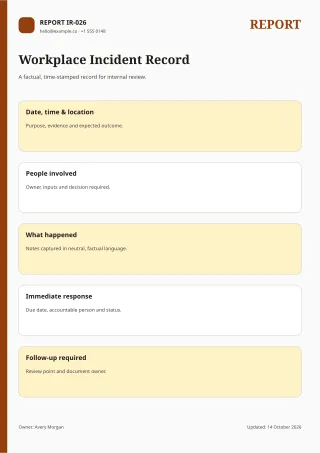 Incident Report — Editorial Amber — editable white business document template, a4 print