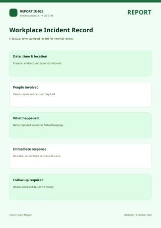 Incident Report — Sage Office — editable white business document template, a4 print