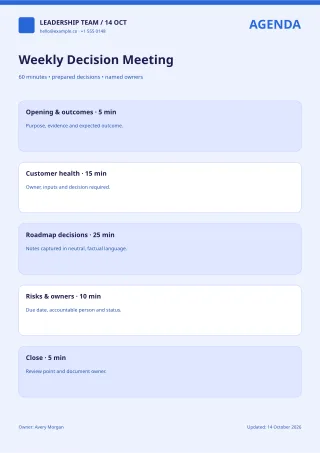 Meeting Agenda — Bold Indigo — editable white business document template, a4 print