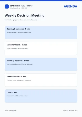 Meeting Agenda — Clear Blue — editable white business document template, a4 print