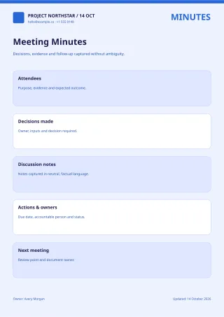Meeting Minutes — Bold Indigo — editable white business document template, a4 print
