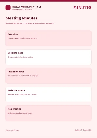 Meeting Minutes — Burgundy Studio — editable white business document template, a4 print