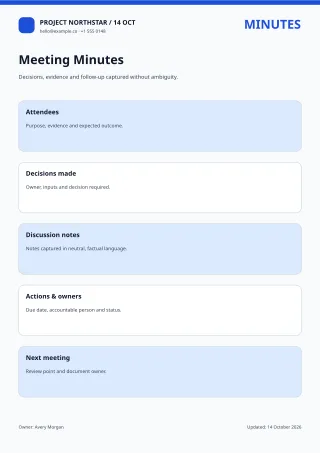 Meeting Minutes — Clear Blue — editable white business document template, a4 print