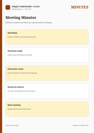 Meeting Minutes — Editorial Amber — editable white business document template, a4 print