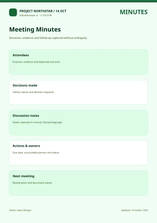 Meeting Minutes — Sage Office — editable white business document template, a4 print