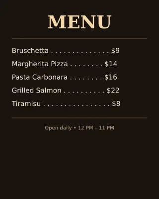Menu — editable black business template, instagram portrait