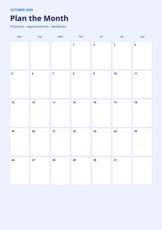 Monthly Calendar — Bold Indigo — editable white calendar and planner template, a4 print