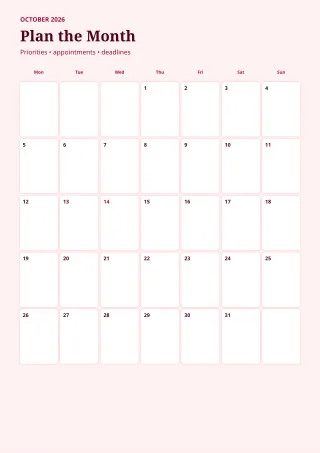 Monthly Calendar — Burgundy Studio — editable white calendar and planner template, a4 print