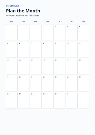 Monthly Calendar — Clear Blue — editable white calendar and planner template, a4 print