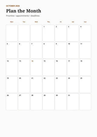 Monthly Calendar — Editorial Amber — editable white calendar and planner template, a4 print